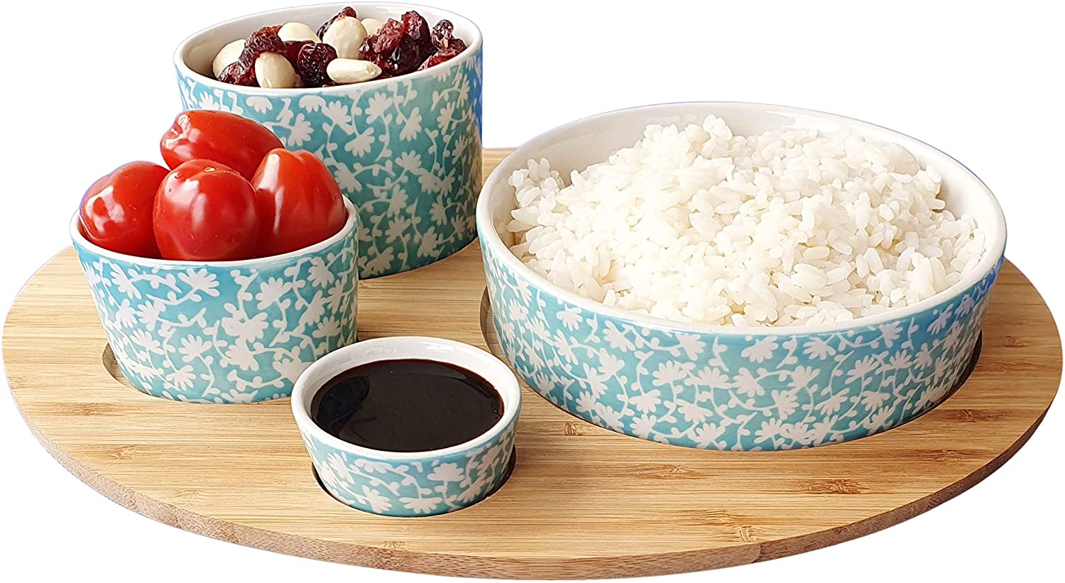 4 Asiatische Servierschalen im blau-Creme Farbton - Schalen Set aus hochwertigem Keramik - inklusive Tablett aus echtem Bambusholz