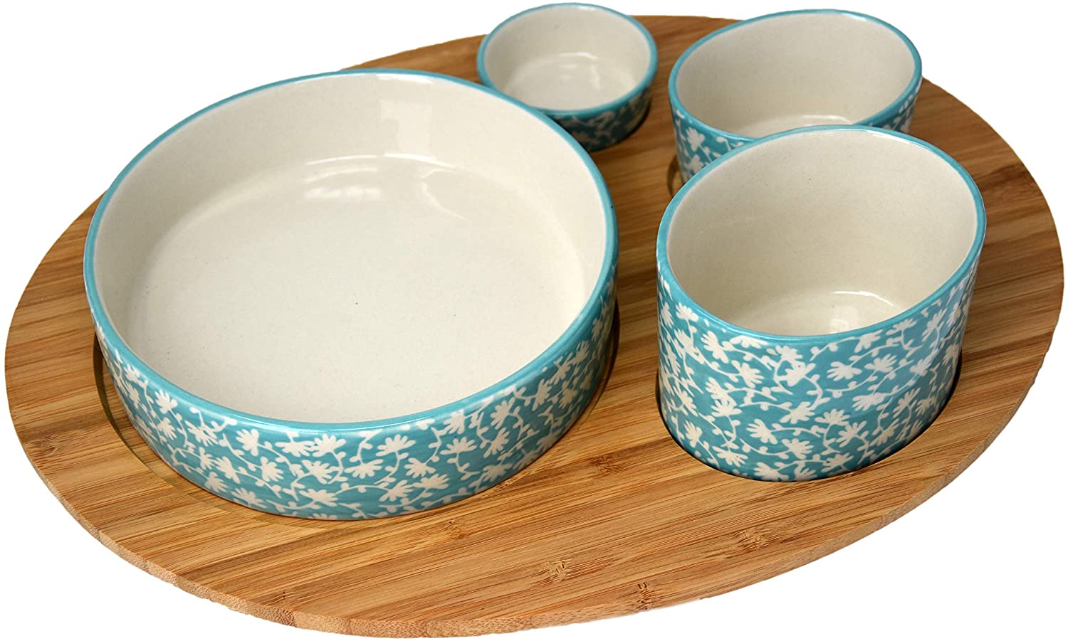 4 Asiatische Servierschalen im blau-Creme Farbton - Schalen Set aus hochwertigem Keramik - inklusive Tablett aus echtem Bambusholz
