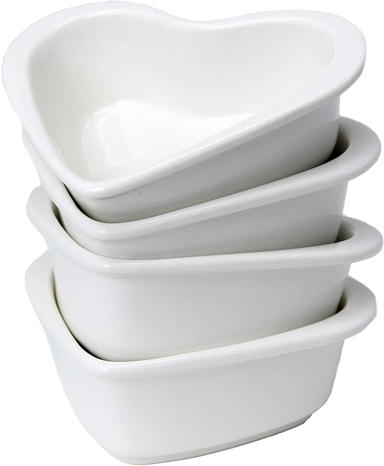 4er Servier- und Snackschalen-Set 4 Herzen Keramik Weiß mit Tablett aus echtem Bambusholz