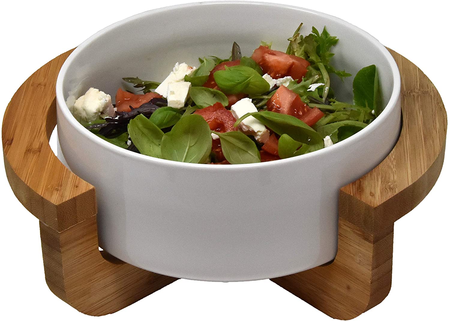 Salatschüssel Servierschüssel Set Bamboo Bowl mit dekorativem Ständer und Servierzange aus echtem Bambusholz Hochwertige Keramik Weiß