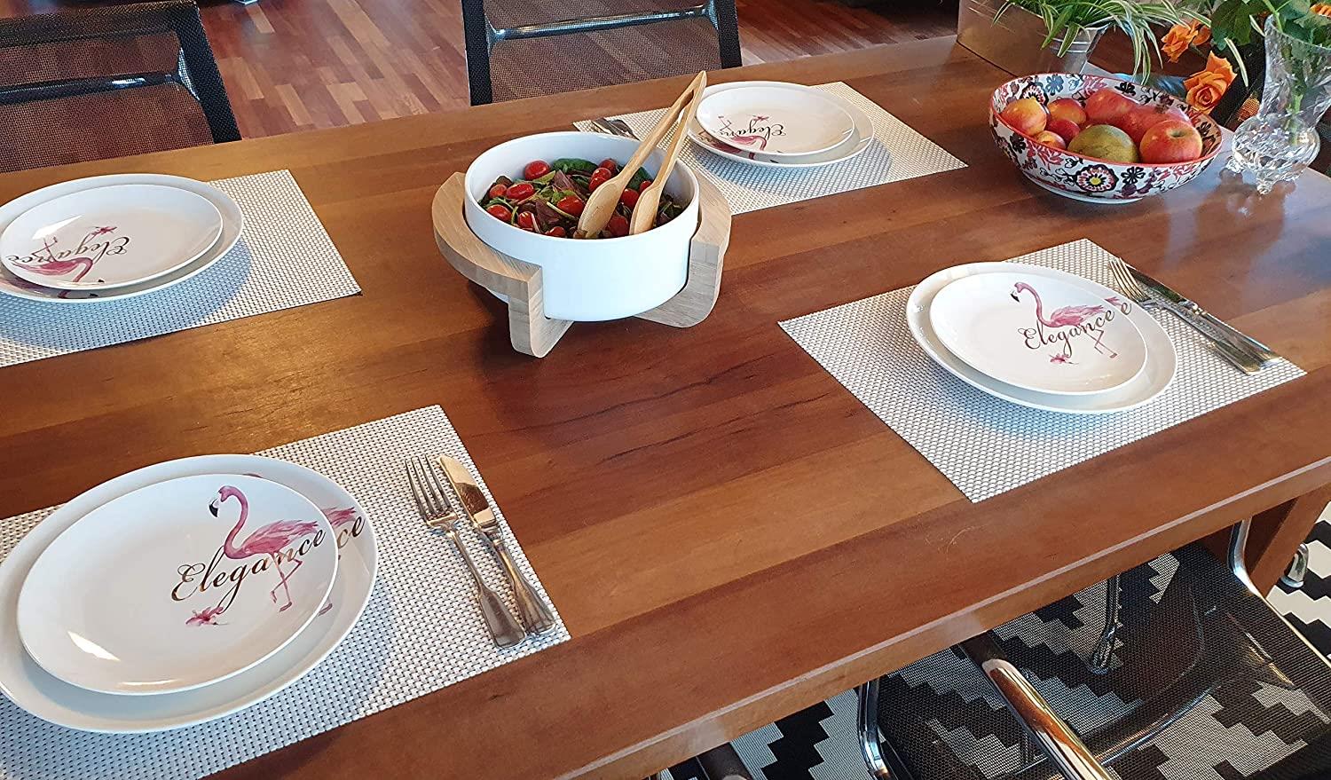 Salatschüssel Servierschüssel Set Bamboo Bowl mit dekorativem Ständer und Servierzange aus echtem Bambusholz Hochwertige Keramik Weiß