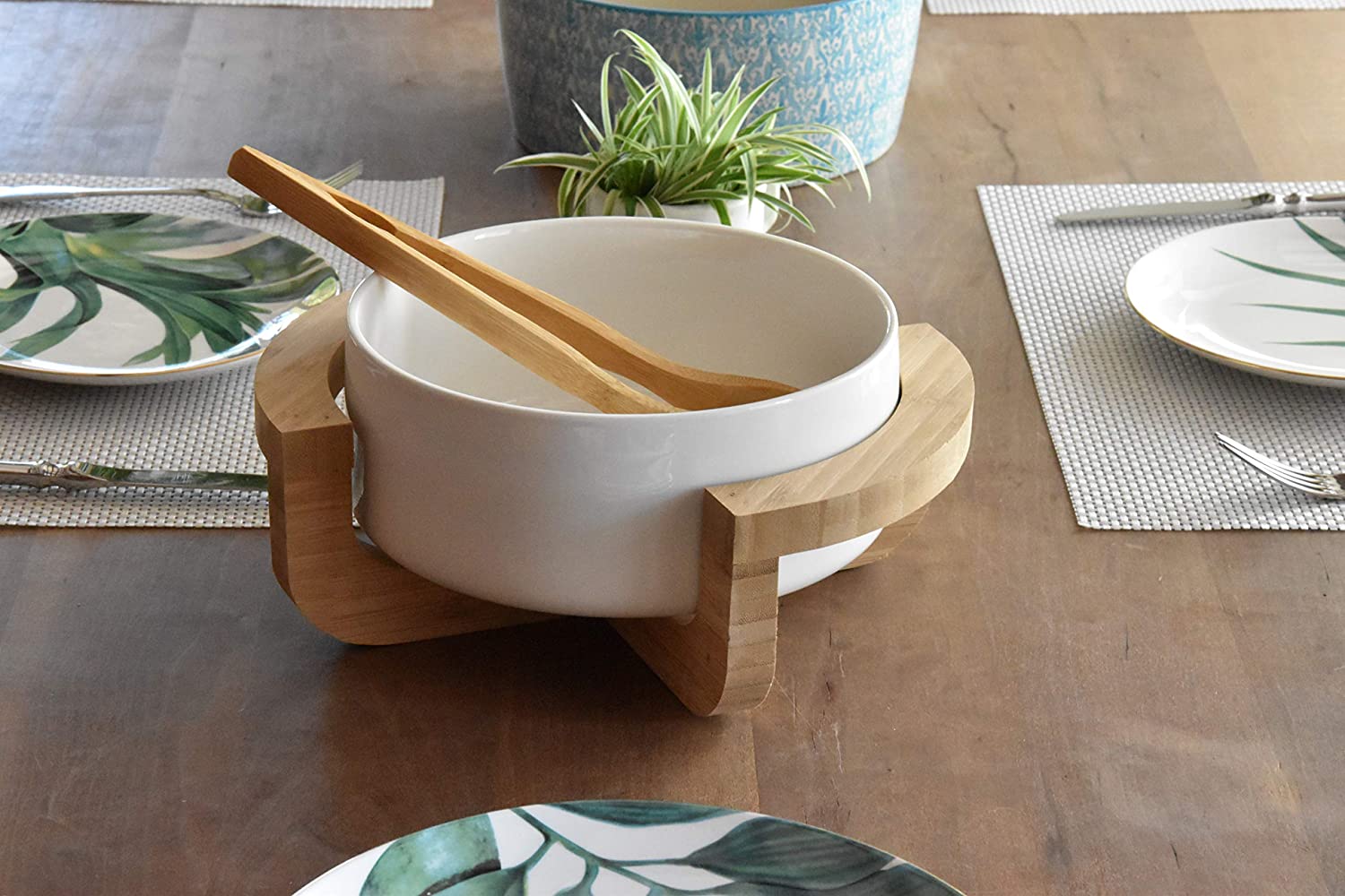 Salatschüssel Servierschüssel Set Bamboo Bowl mit dekorativem Ständer und Servierzange aus echtem Bambusholz Hochwertige Keramik Weiß