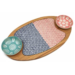Käsebrett Servierbrett Bambus, Brett aus Holz, Keramik Einlage, Brettchen mit 2 Snack Schalen, Dip Schälchen