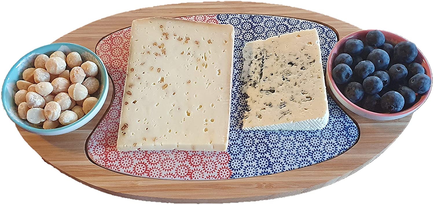 Käsebrett Servierbrett Bambus, Brett aus Holz, Keramik Einlage, Brettchen mit 2 Snack Schalen, Dip Schälchen