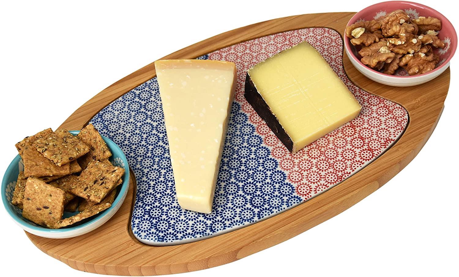 Käsebrett Servierbrett Bambus, Brett aus Holz, Keramik Einlage, Brettchen mit 2 Snack Schalen, Dip Schälchen