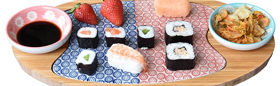 Käsebrett Servierbrett Bambus, Brett aus Holz, Keramik Einlage, Brettchen mit 2 Snack Schalen, Dip Schälchen