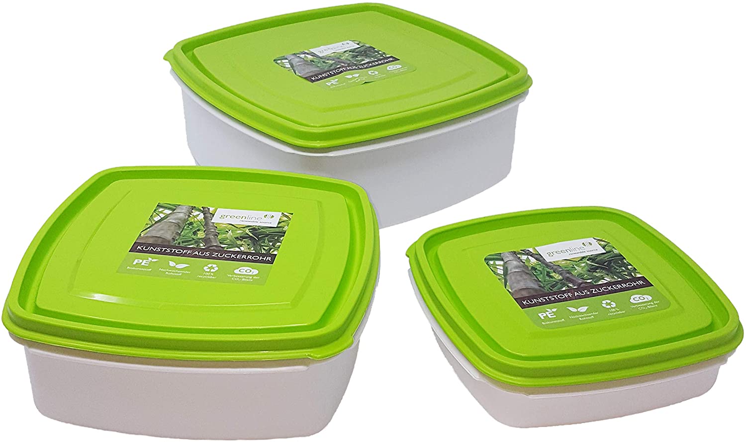 3-er Set Frischhaltedosen Vegan Natürlicher Bio-Kunststoff aus Zuckerrohr 0,7 l + 1,25 l + 2,5 l Frischhalte-Boxen BPA-frei Mikrowellengeeignet, Spülmaschinenfest Gefrierdose bis - 40°C