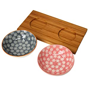 Asiatische Servierschalen Snackschalen mit Servierbrett aus Bambus, Holz Brettchen mit 2 Keramik Schalen