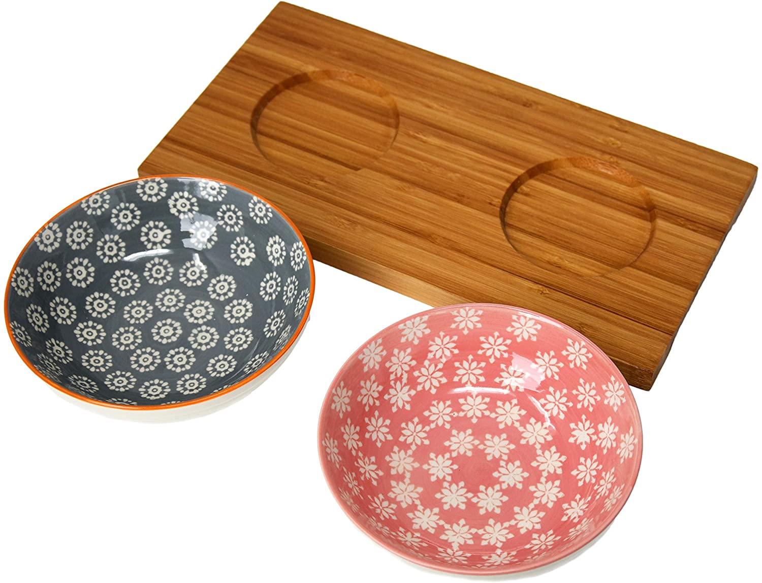 Asiatische Servierschalen Snackschalen mit Servierbrett aus Bambus, Holz Brettchen mit 2 Keramik Schalen