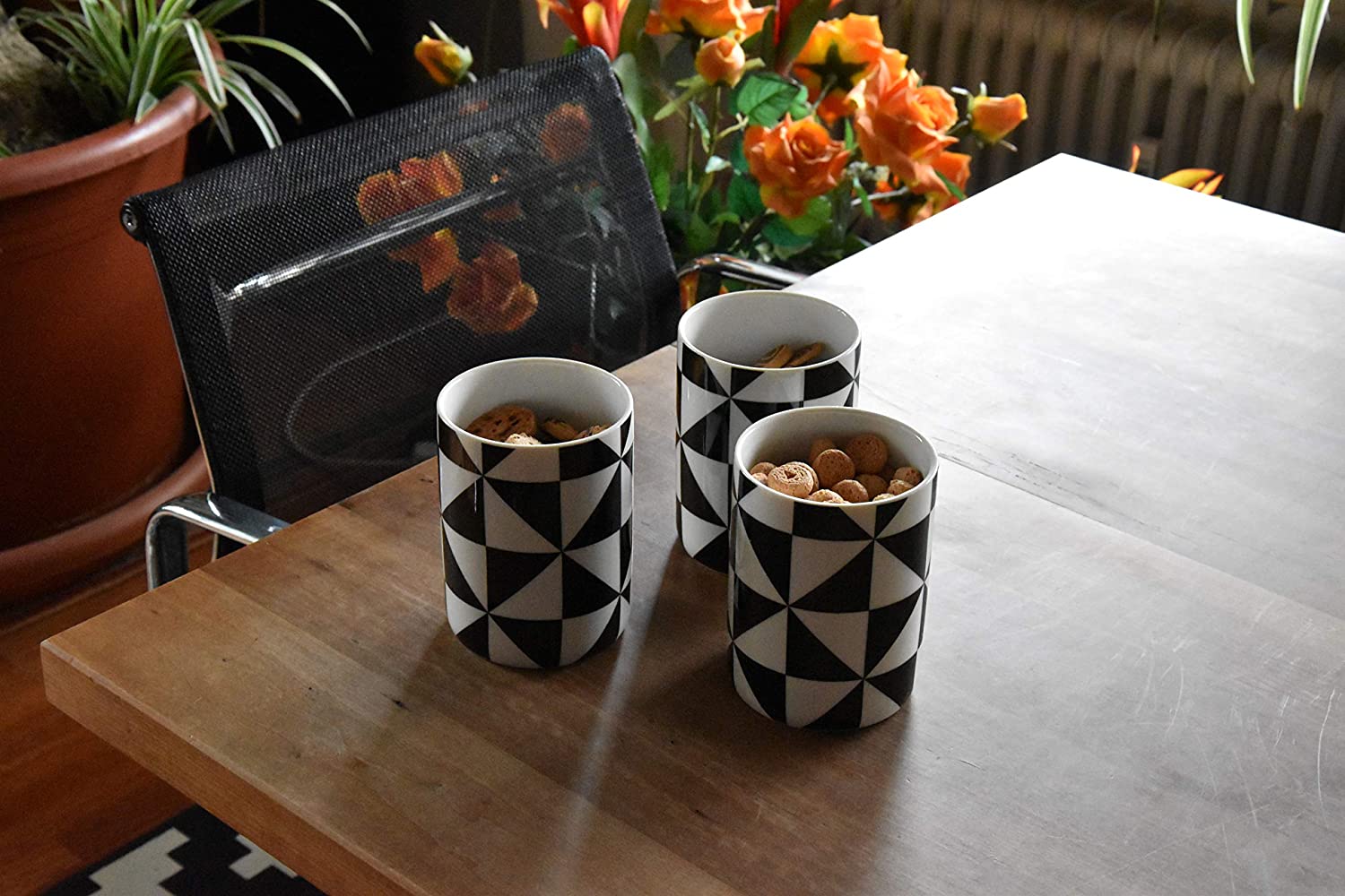 3 Dekorative Aufbewahrungsdosen aus Porzellan mit Deckel aus Akazienholz und Silikondichtung