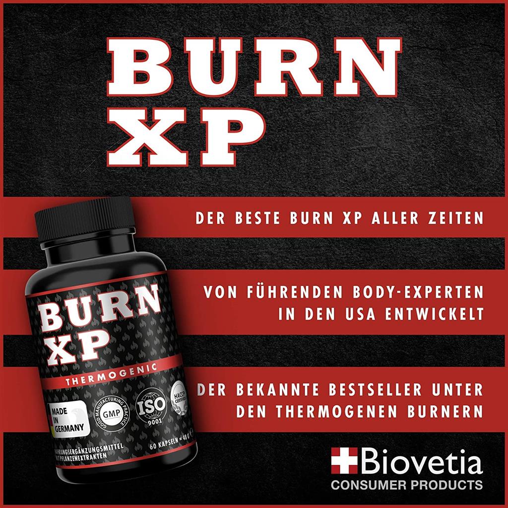 BURN XP - Thermogener Burner, von führenden Body-Experten entwickelt, mit Carnitin + Grüner Tee Extrakt, wissenschaftliche Formel, Made in Germany, 60 Kapseln