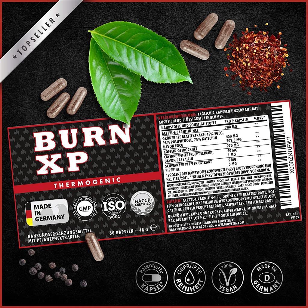 BURN XP - Thermogener Burner, von führenden Body-Experten entwickelt, mit Carnitin + Grüner Tee Extrakt, wissenschaftliche Formel, Made in Germany, 60 Kapseln
