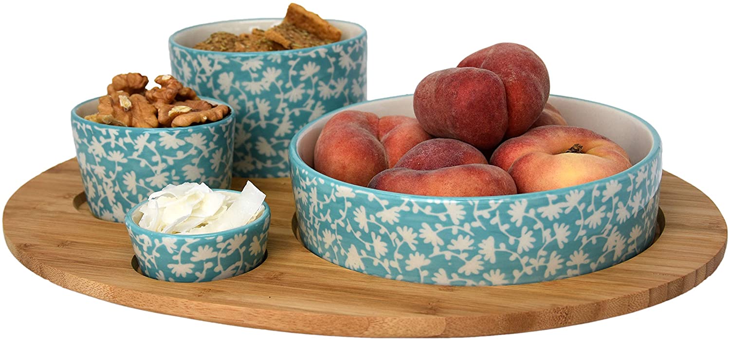 4 Asiatische Servierschalen im blau-Creme Farbton - Schalen Set aus hochwertigem Keramik - inklusive Tablett aus echtem Bambusholz