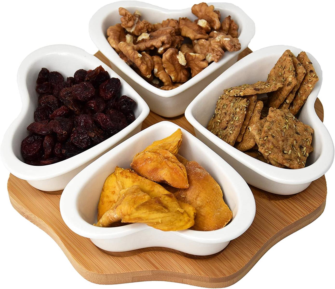 4er Servier- und Snackschalen-Set 4 Herzen Keramik Weiß mit Tablett aus echtem Bambusholz