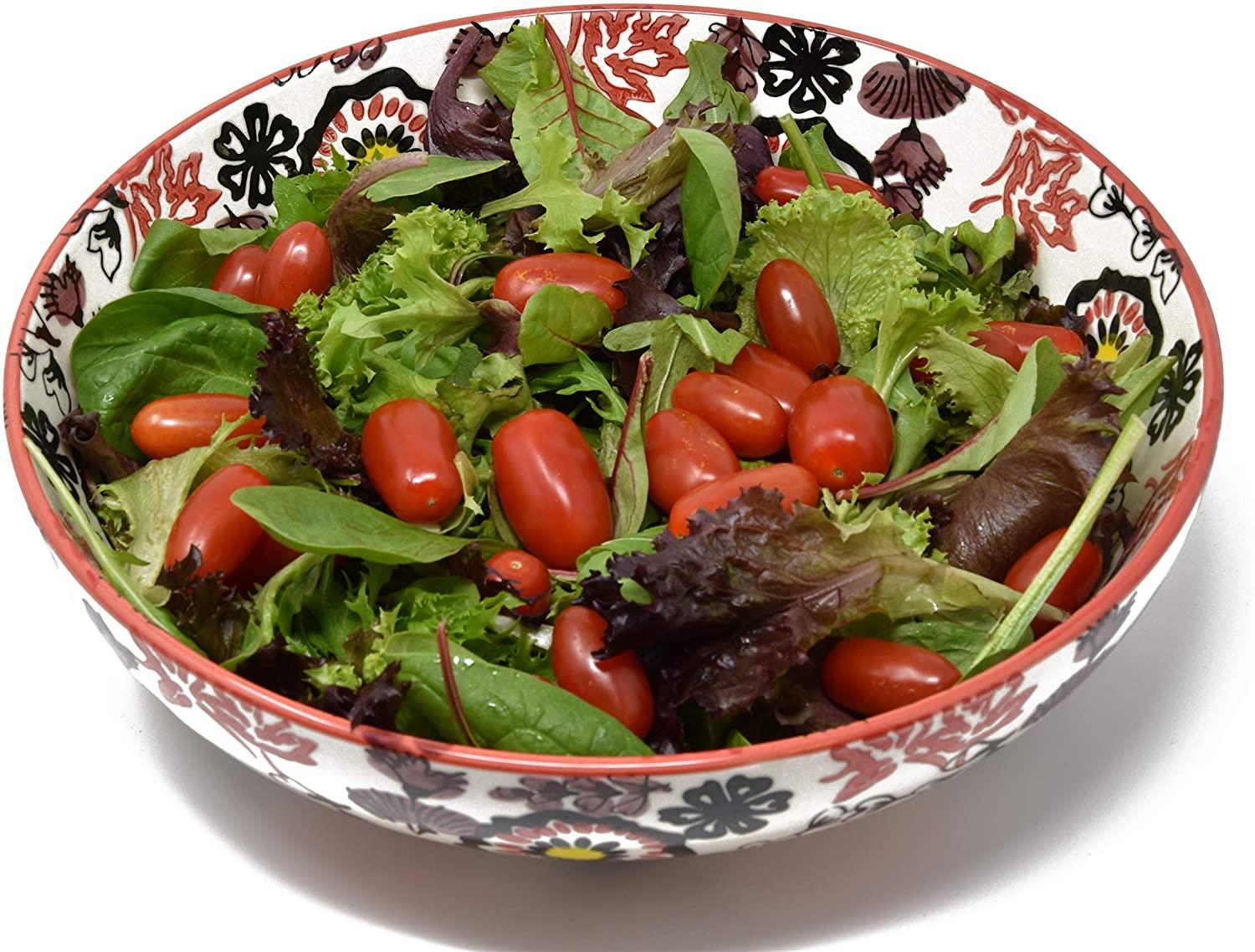 Bunte Servierschale aus Keramik - Salatschüssel mit rot brauner Bemalung Geeignet als Servierschüssel für Beilagen, Snacks oder Obstschüssel