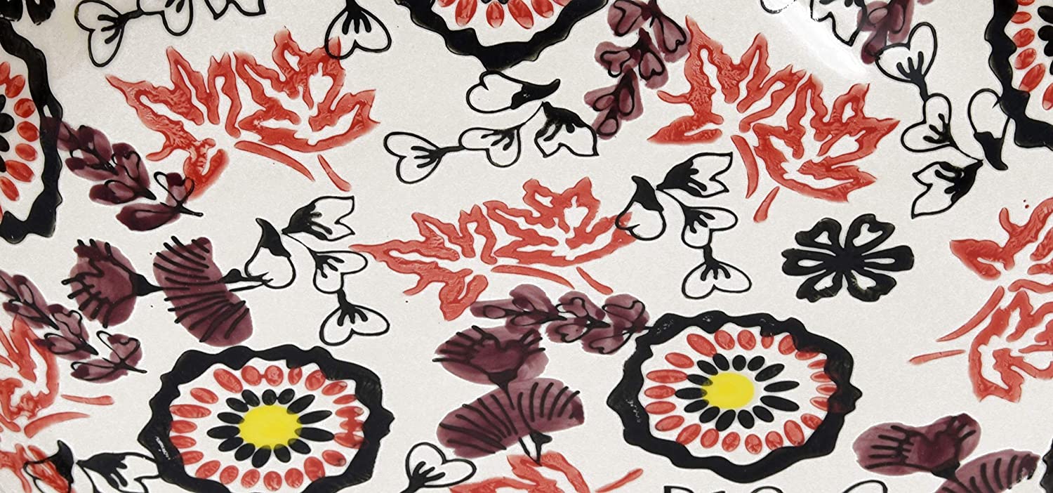 Bunte Servierschale aus Keramik - Salatschüssel mit rot brauner Bemalung Geeignet als Servierschüssel für Beilagen, Snacks oder Obstschüssel