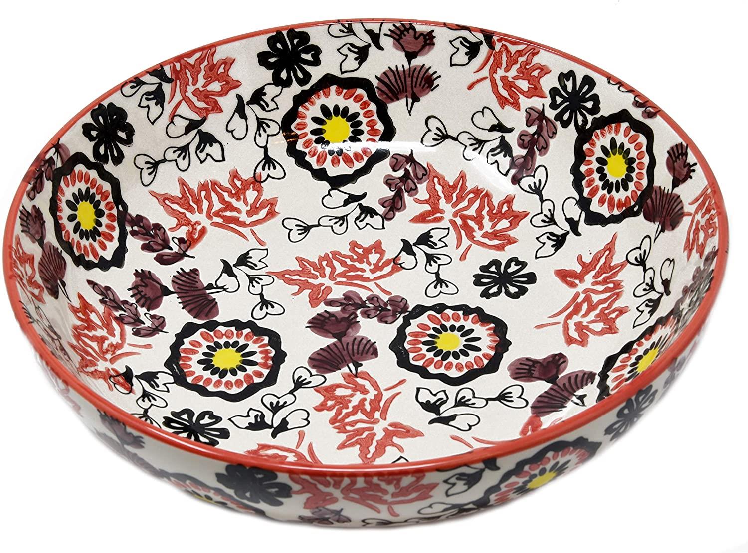 Bunte Servierschale aus Keramik - Salatschüssel mit rot brauner Bemalung Geeignet als Servierschüssel für Beilagen, Snacks oder Obstschüssel