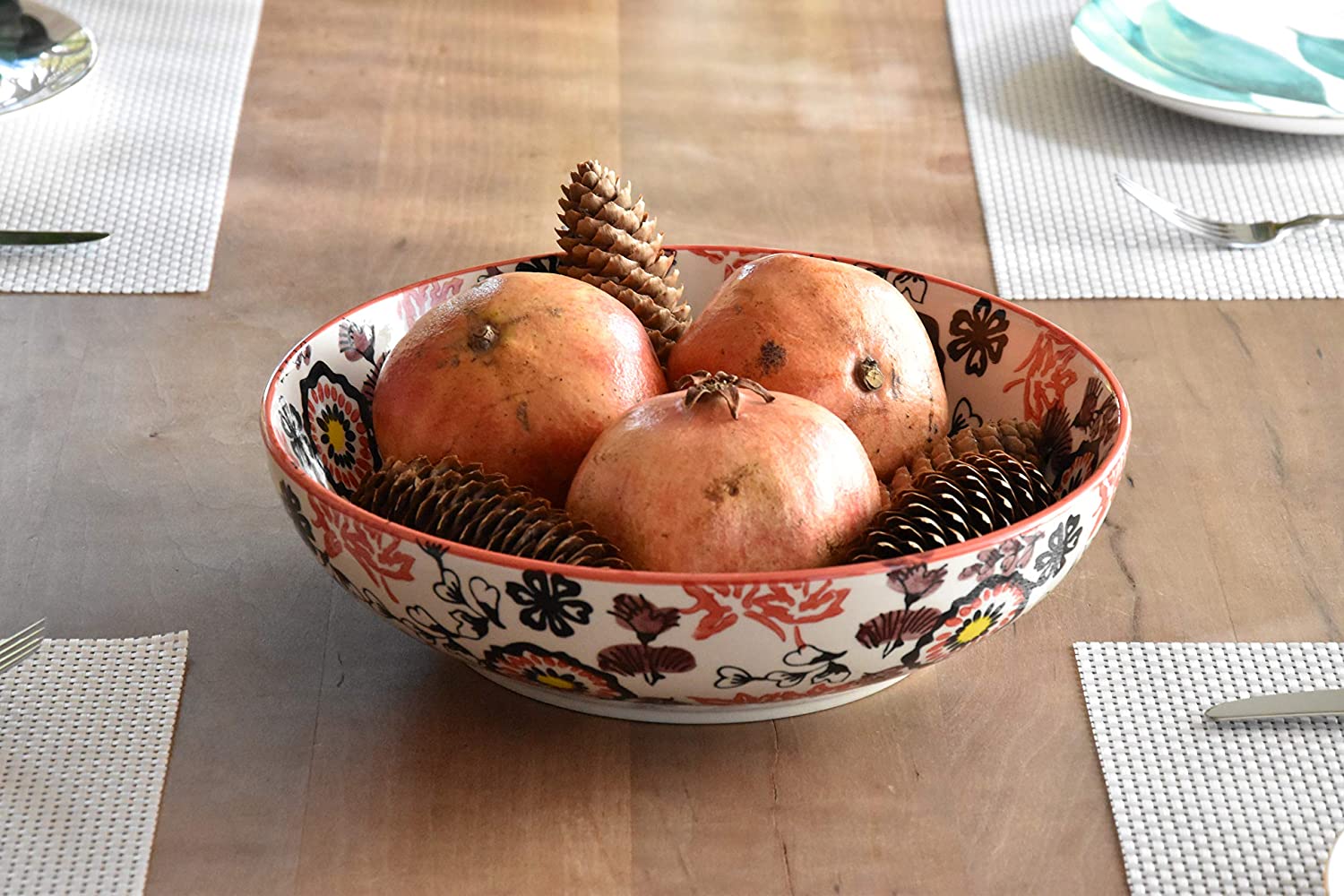 Bunte Servierschale aus Keramik - Salatschüssel mit rot brauner Bemalung Geeignet als Servierschüssel für Beilagen, Snacks oder Obstschüssel
