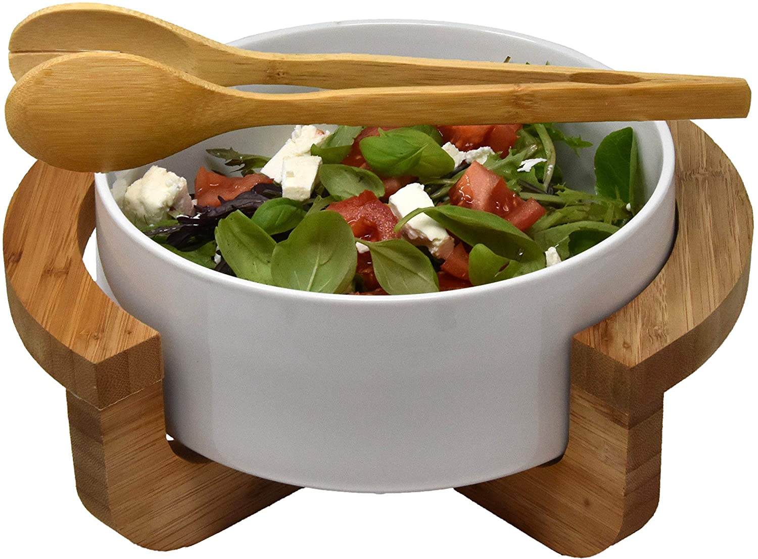 Salatschüssel Servierschüssel Set Bamboo Bowl mit dekorativem Ständer und Servierzange aus echtem Bambusholz Hochwertige Keramik Weiß
