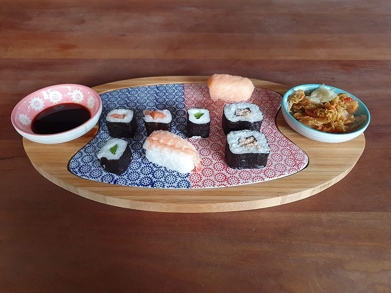 Käsebrett Servierbrett Bambus, Brett aus Holz, Keramik Einlage, Brettchen mit 2 Snack Schalen, Dip Schälchen