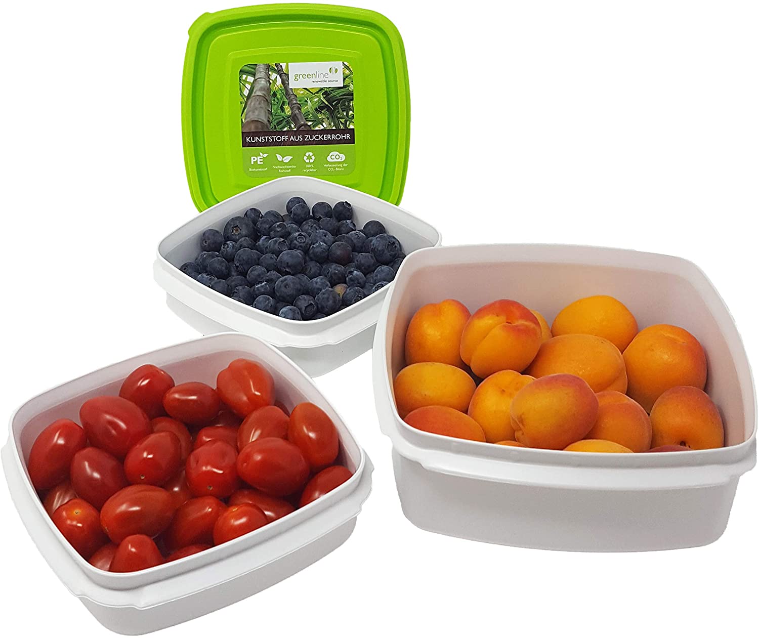 3-er Set Frischhaltedosen Vegan Natürlicher Bio-Kunststoff aus Zuckerrohr 0,7 l + 1,25 l + 2,5 l Frischhalte-Boxen BPA-frei Mikrowellengeeignet, Spülmaschinenfest Gefrierdose bis - 40°C