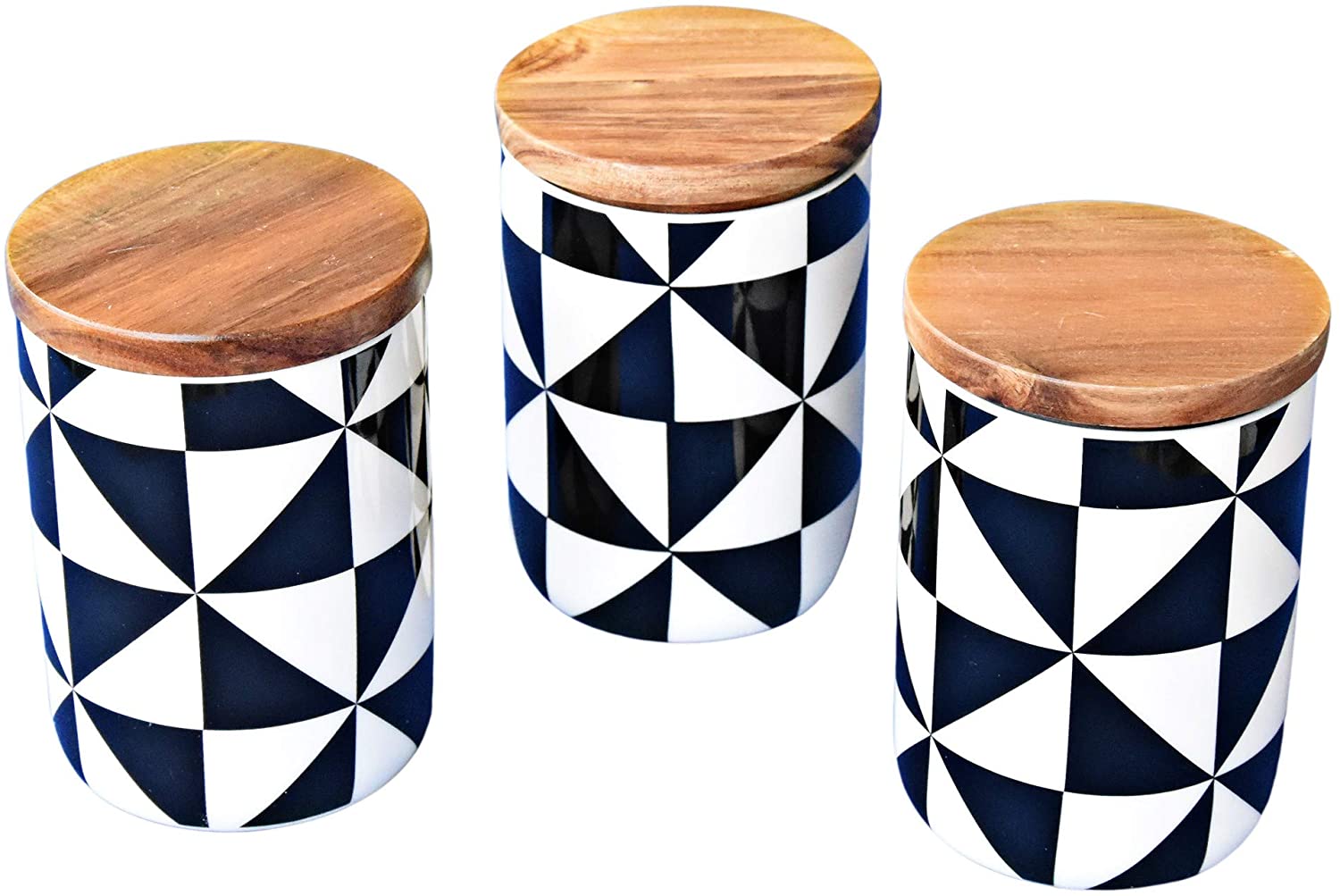 3 Dekorative Aufbewahrungsdosen aus Porzellan mit Deckel aus Akazienholz und Silikondichtung