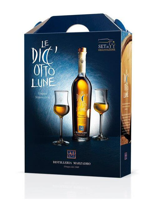 Marzadro 18 Lune Grappa mit 2 Gläsern 0,5 L