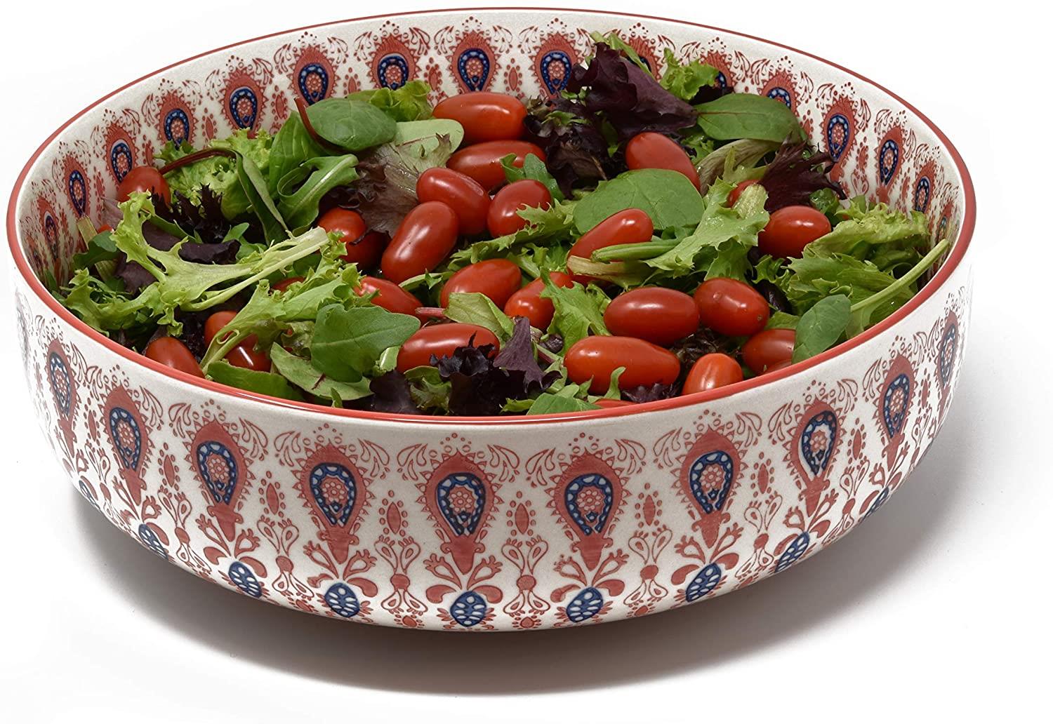 Servierschale aus Keramik - Salatschüssel mit rot Blauer Bemalung Geeignet als Suppenschüssel, Snackschüssel und Keramikschüssel