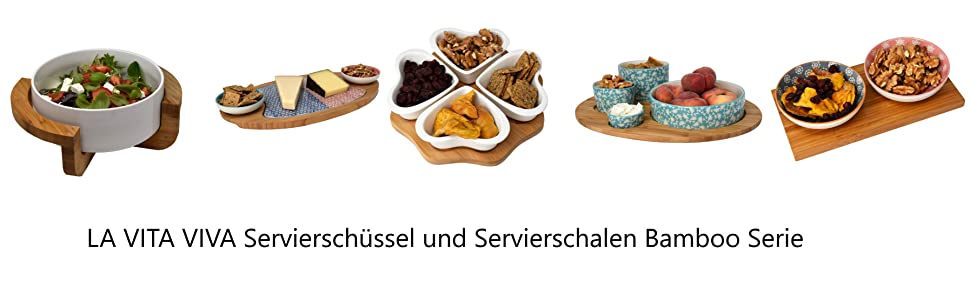 4er Servier- und Snackschalen-Set 4 Herzen Keramik Weiß mit Tablett aus echtem Bambusholz