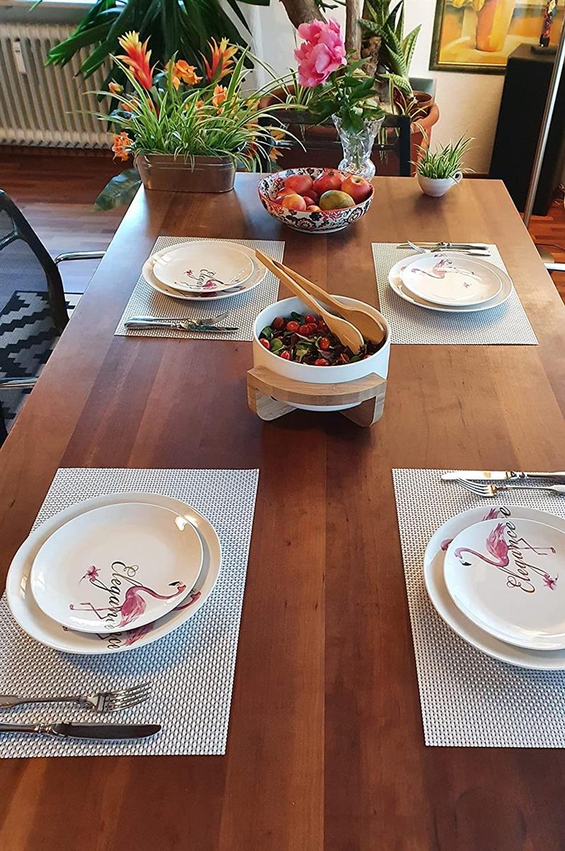 Salatschüssel Servierschüssel Set Bamboo Bowl mit dekorativem Ständer und Servierzange aus echtem Bambusholz Hochwertige Keramik Weiß