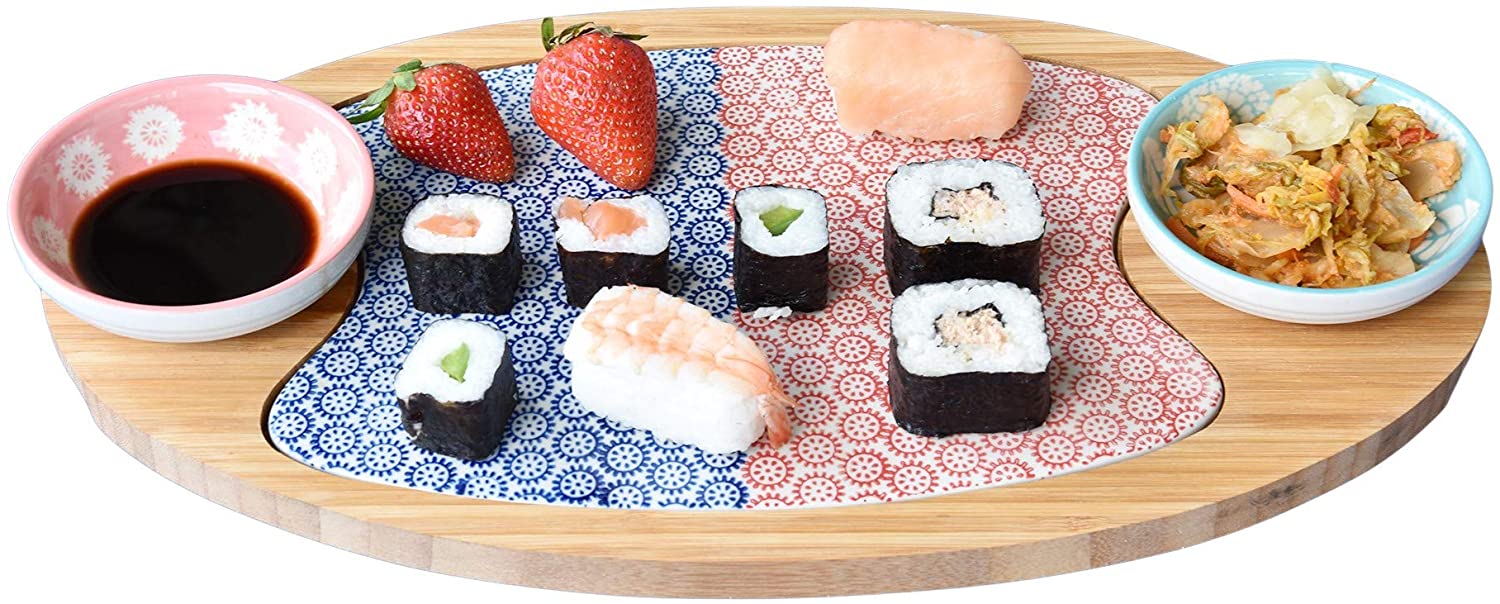 Käsebrett Servierbrett Bambus, Brett aus Holz, Keramik Einlage, Brettchen mit 2 Snack Schalen, Dip Schälchen