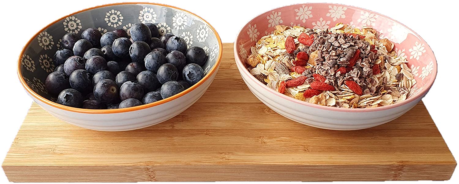 Asiatische Servierschalen Snackschalen mit Servierbrett aus Bambus, Holz Brettchen mit 2 Keramik Schalen