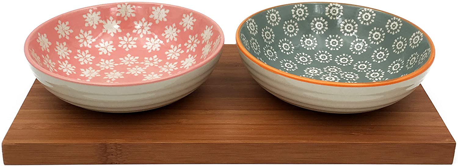 Asiatische Servierschalen Snackschalen mit Servierbrett aus Bambus, Holz Brettchen mit 2 Keramik Schalen