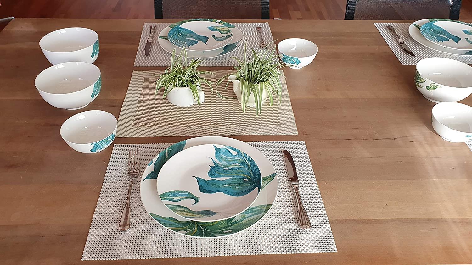 Kleine Porzellanteller Ø20,5cm Salatteller Frühstücksteller Dessertteller Vorspeisenteller 4er-Set mit orientalischen Blattmotiven Design Green Love