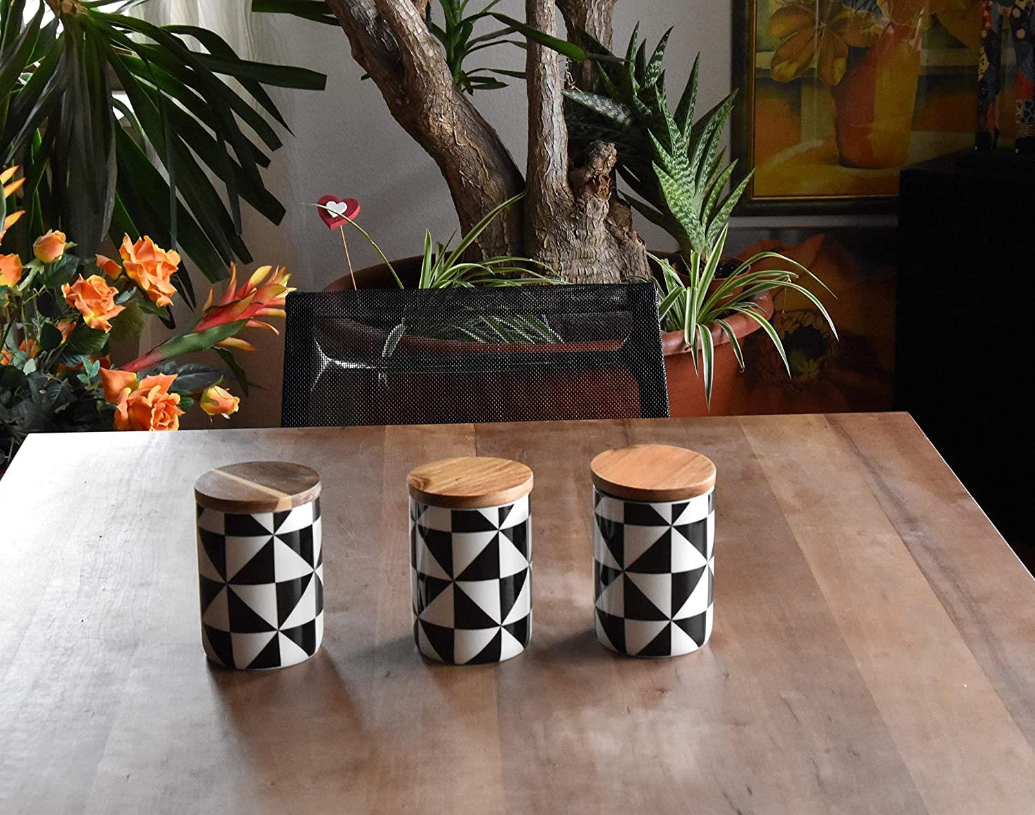 3 Dekorative Aufbewahrungsdosen aus Porzellan mit Deckel aus Akazienholz und Silikondichtung