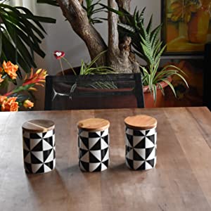 3 Dekorative Aufbewahrungsdosen aus Porzellan mit Deckel aus Akazienholz und Silikondichtung