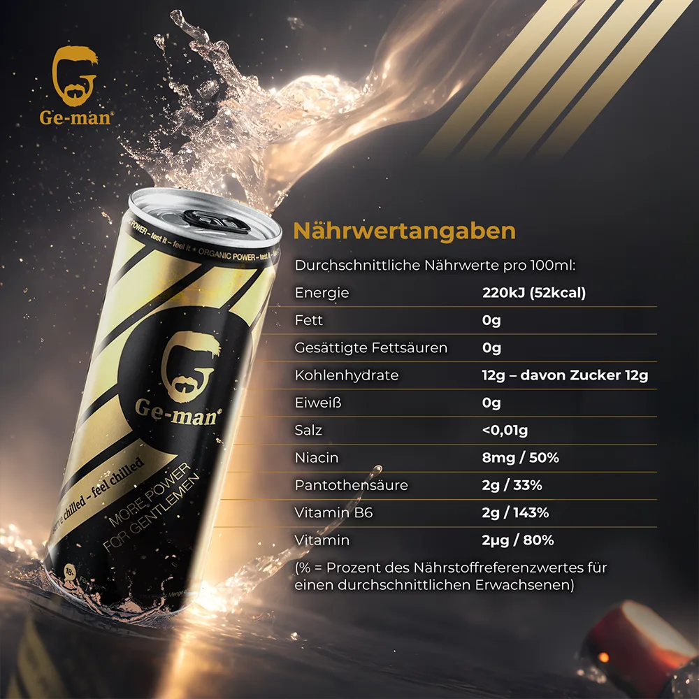 Ge-man Energy Drink - erfrischendes, energiespendendes Getränk, das dich motiviert durch den Tag kommen lässt.