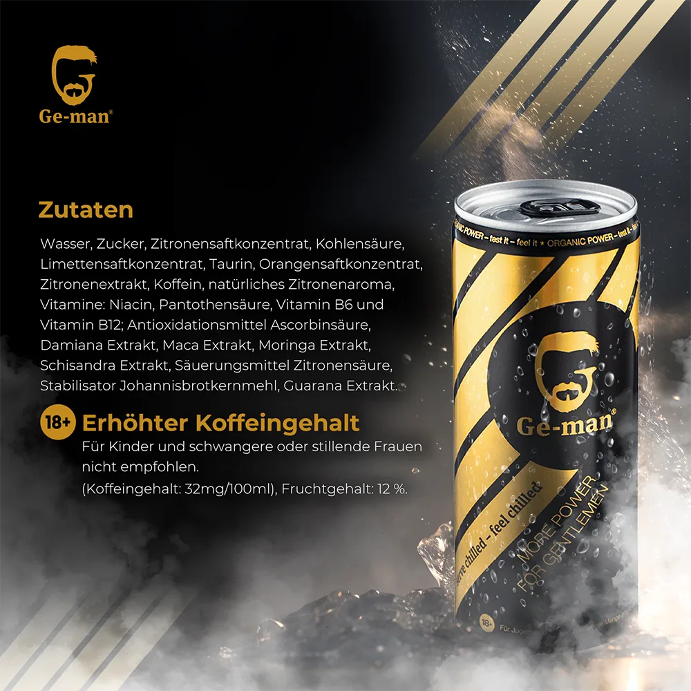 Ge-man Energy Drink - erfrischendes, energiespendendes Getränk, das dich motiviert durch den Tag kommen lässt.