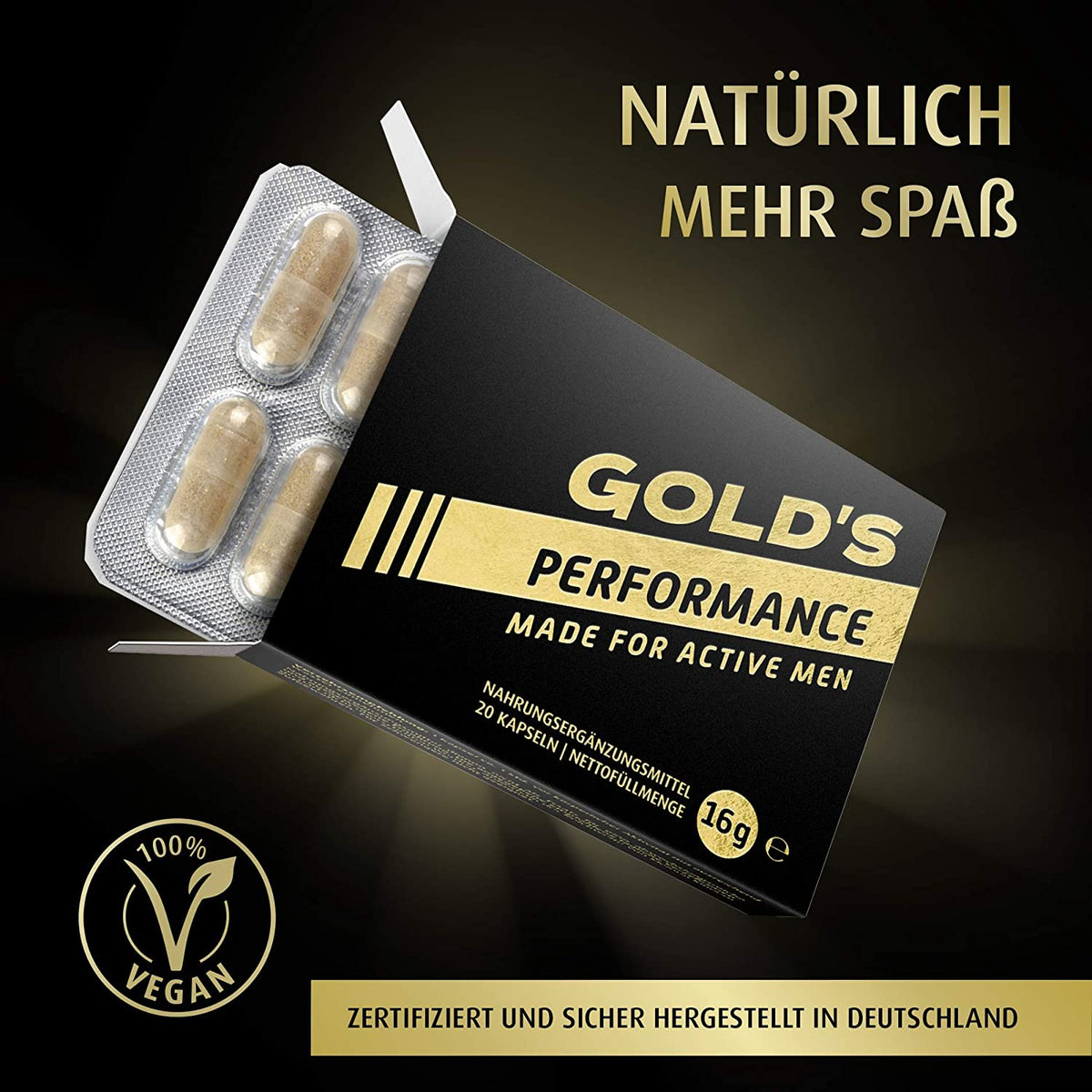 GOLD&#39;s Performance For Active Men, für Männer, kraftvoll für Liebe + Lust, Mit Potenz-Baum Extrakt, mehr Spaß weniger Frust, rezeptfrei, 20 Kapseln