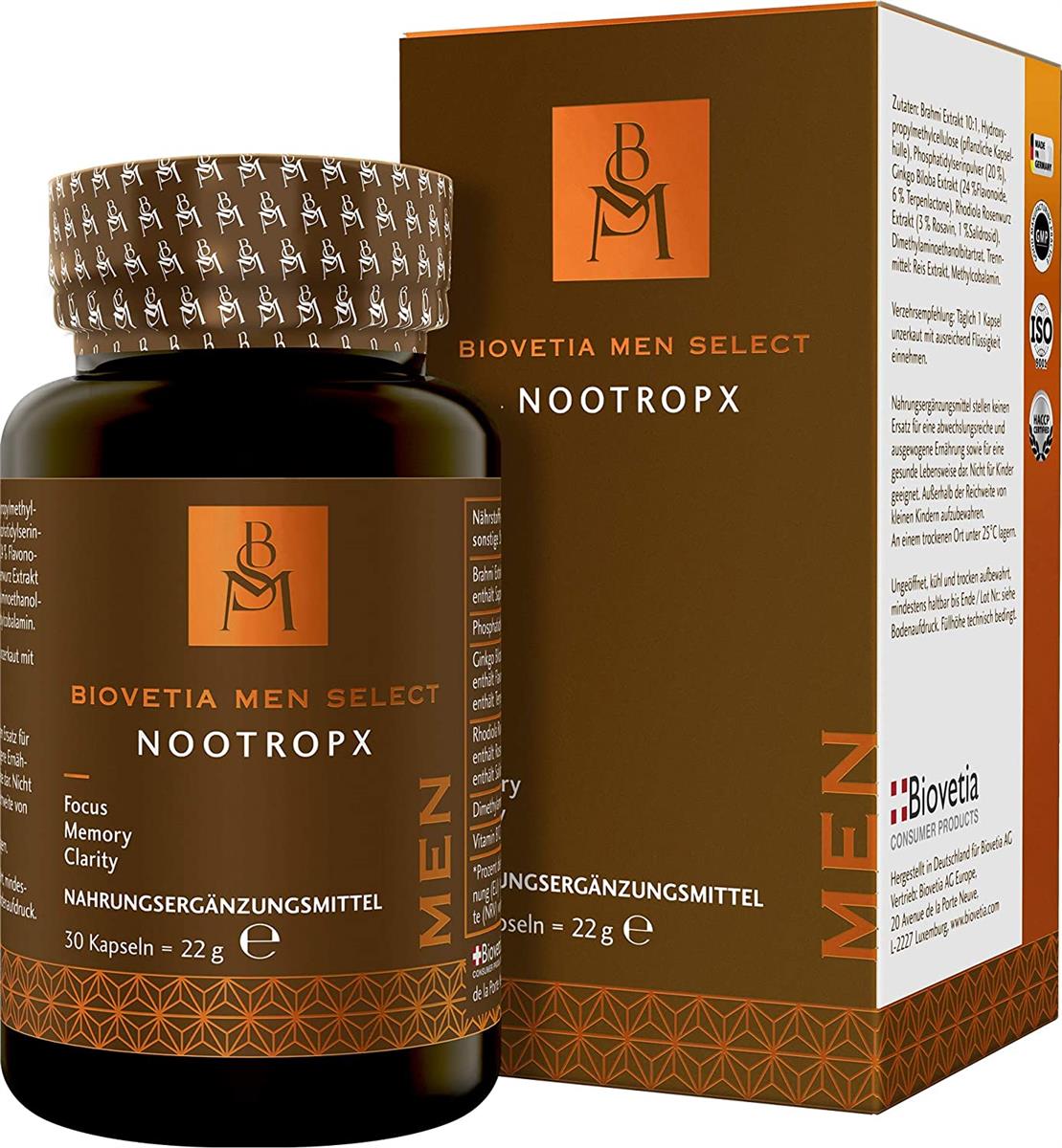 Men Select NootropX, Brain Performance Support für Ihn, Focus Memory Clarity, nur 1x täglich, 30 Kapseln