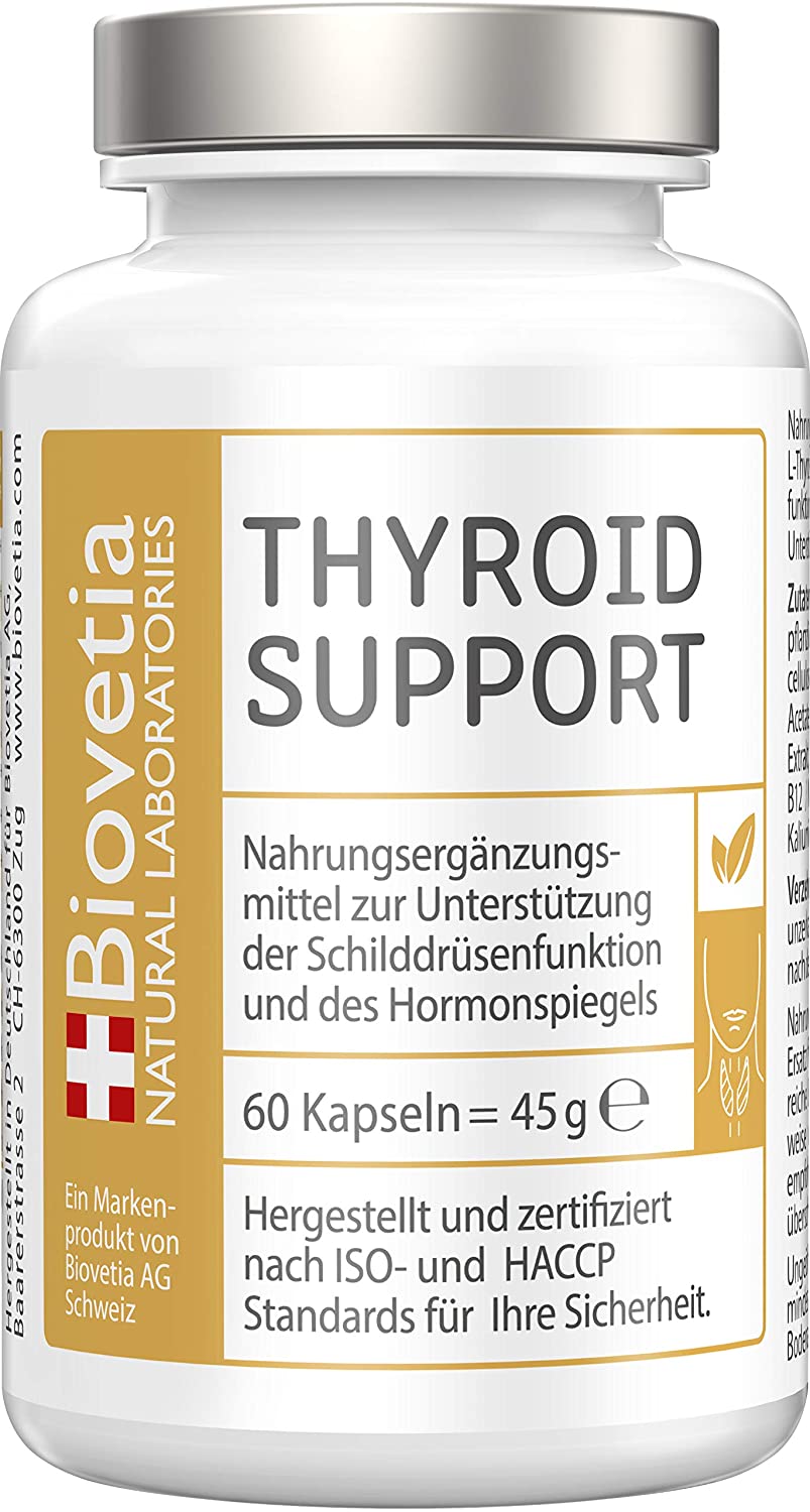 Schilddrüse Support, mit Jod + Selen und L-Thyrosin zur Unterstützung der Schilddrüsenfunktion und deren Hormonspiegel + gesunder Stoffwechsel, 60 Kapseln