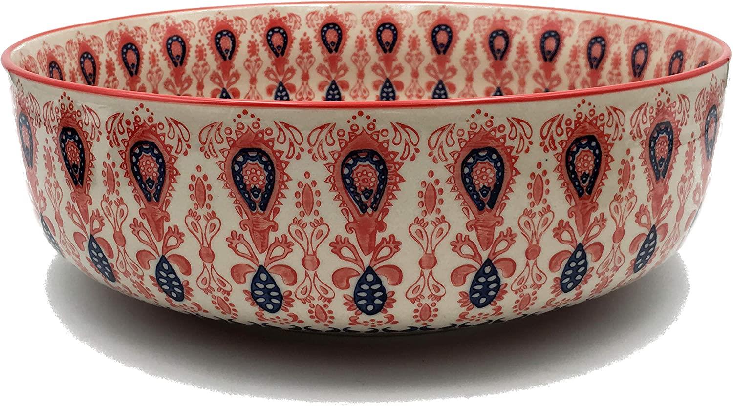 Servierschale aus Keramik - Salatschüssel mit rot Blauer Bemalung Geeignet als Suppenschüssel, Snackschüssel und Keramikschüssel