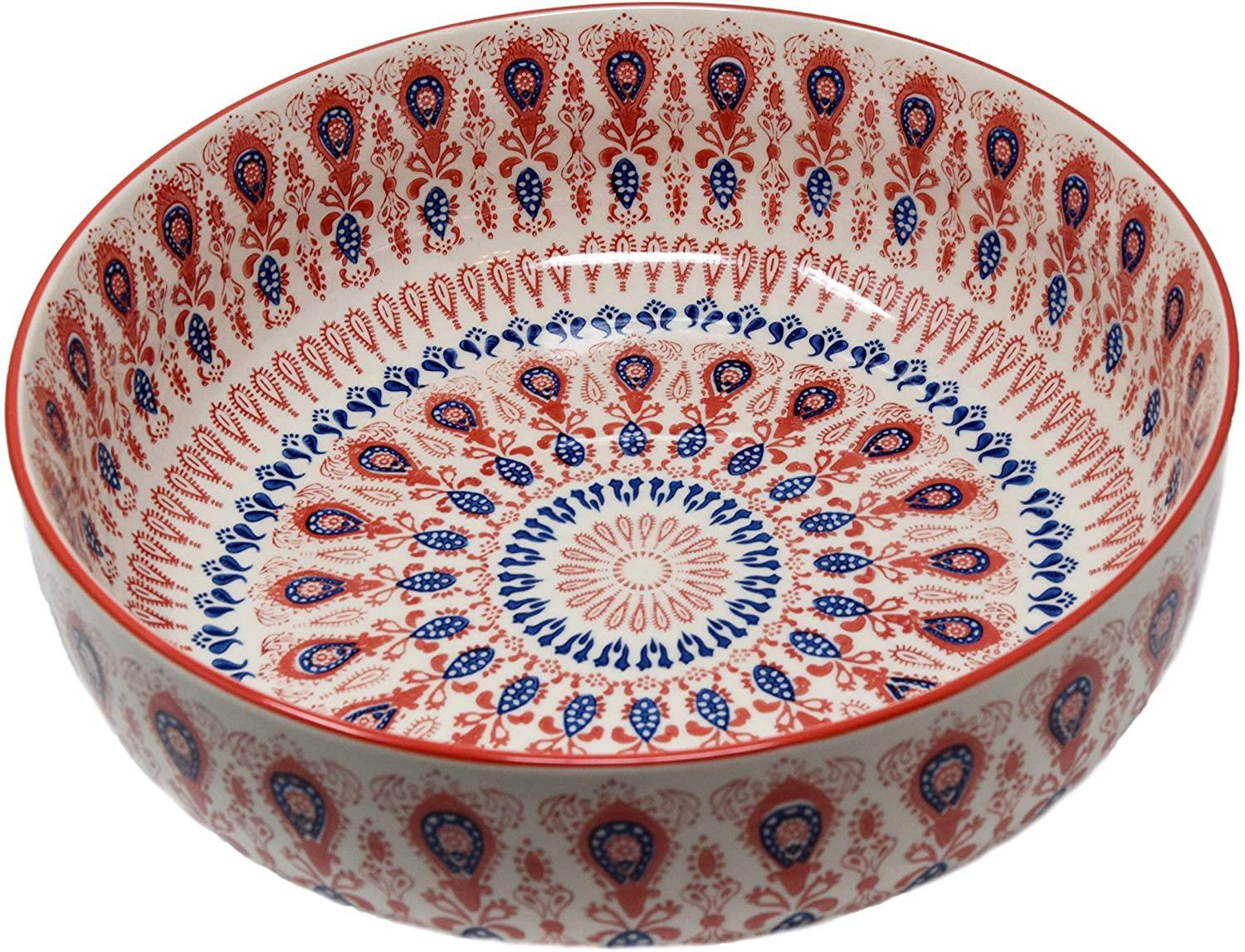 Servierschale aus Keramik - Salatschüssel mit rot Blauer Bemalung Geeignet als Suppenschüssel, Snackschüssel und Keramikschüssel