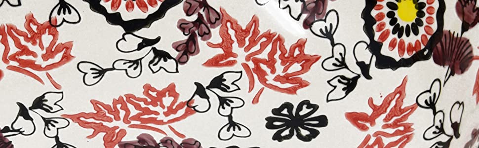 Bunte Servierschale aus Keramik - Salatschüssel mit rot brauner Bemalung Geeignet als Servierschüssel für Beilagen, Snacks oder Obstschüssel