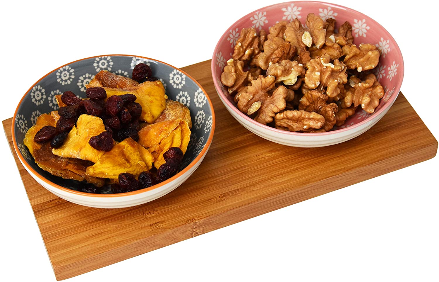 Asiatische Servierschalen Snackschalen mit Servierbrett aus Bambus, Holz Brettchen mit 2 Keramik Schalen