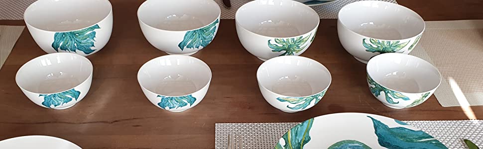 Kleine Porzellanteller Ø20,5cm Salatteller Frühstücksteller Dessertteller Vorspeisenteller 4er-Set mit orientalischen Blattmotiven Design Green Love