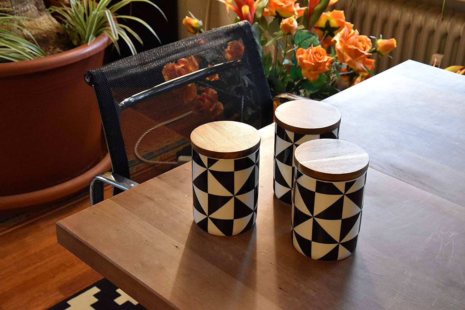 3 Dekorative Aufbewahrungsdosen aus Porzellan mit Deckel aus Akazienholz und Silikondichtung