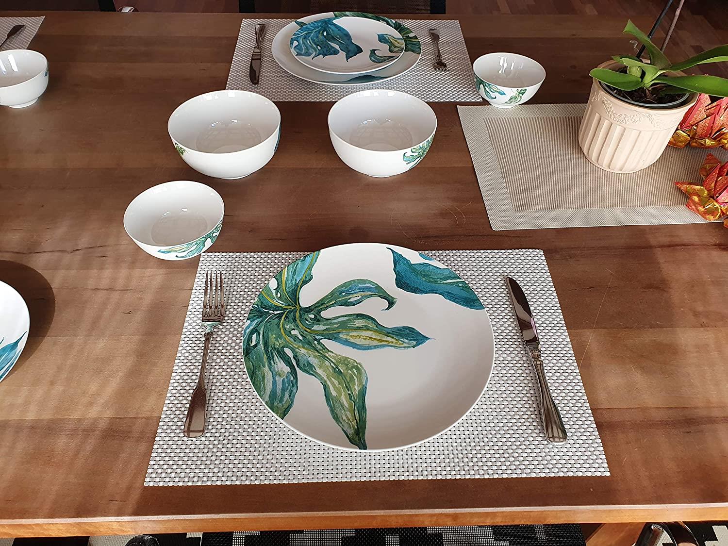 Porzellan Speiseteller Ø27 cm mit orientalischen Blattmotiven Design Green Love im 4er Set